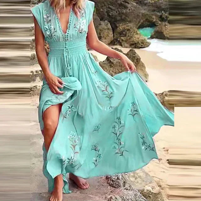Women's Boho Embroidered V-Neck Linen Maxi Dress
