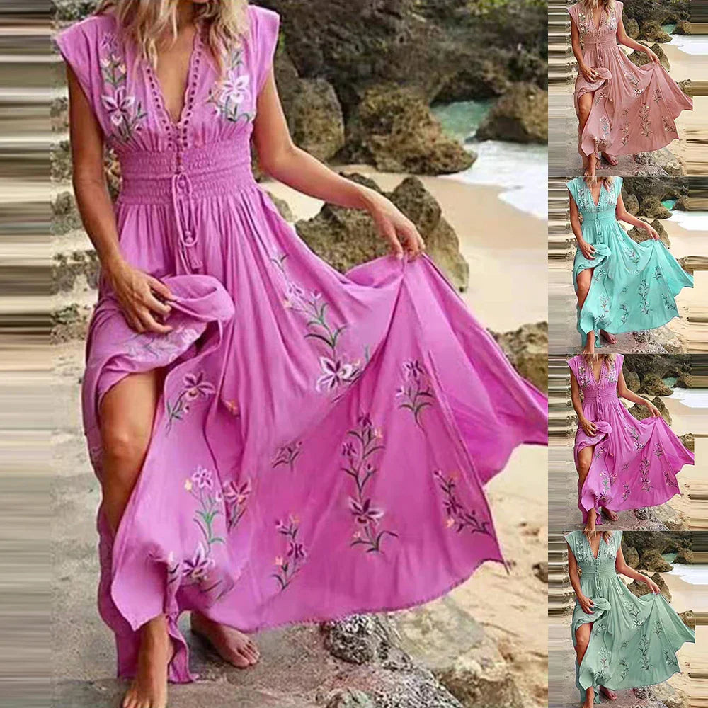 Women's Boho Embroidered V-Neck Linen Maxi Dress