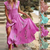 Women's Boho Embroidered V-Neck Linen Maxi Dress