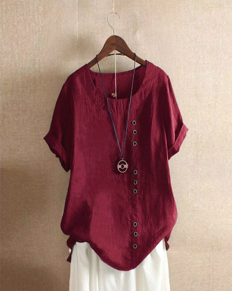 Women's Short Sleeve Linen Asymmetric Top Loose Fit Tunic Blouse