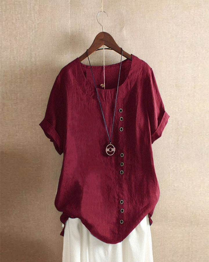 Women's Short Sleeve Linen Asymmetric Top Loose Fit Tunic Blouse