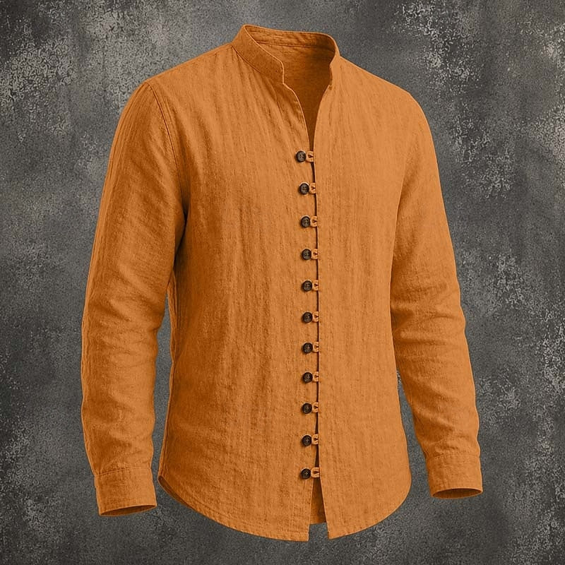 Men's Linen Grandad Shirt Long Sleeve Band Collar Top