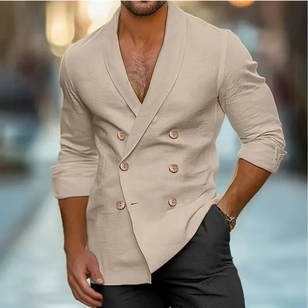 Men's Long Sleeve Linen Blend Double Breasted Shirt
