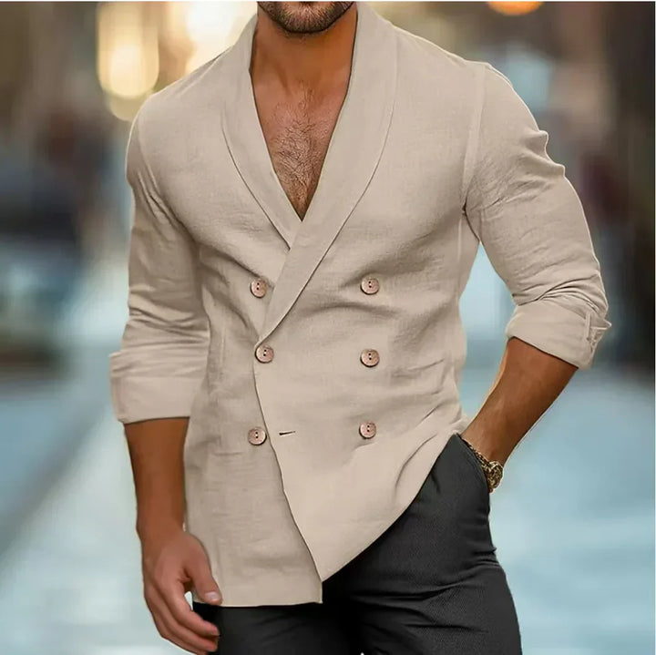 Men's Long Sleeve Linen Blend Double Breasted Shirt