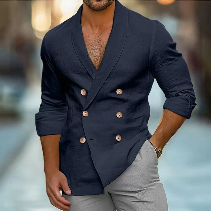 Men's Long Sleeve Linen Blend Double Breasted Shirt