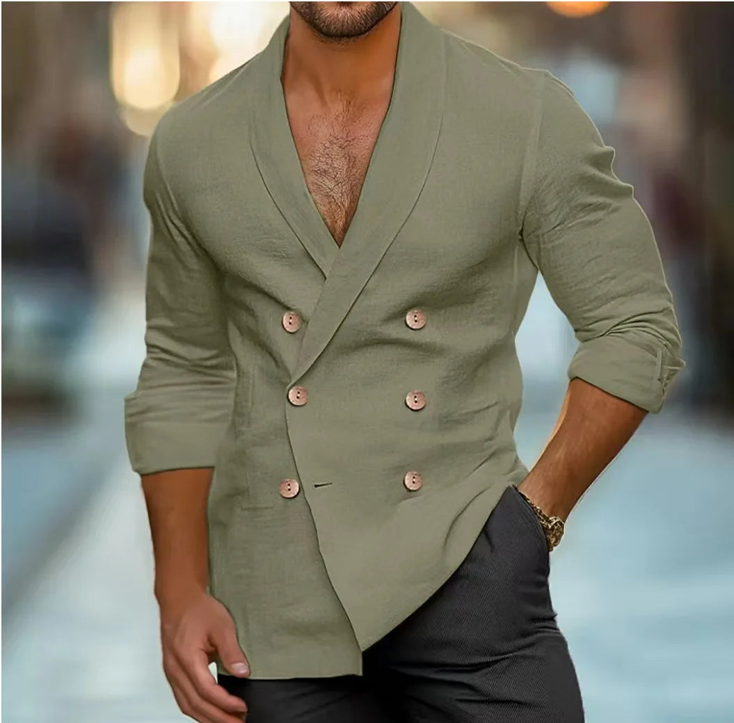 Men's Long Sleeve Linen Blend Double Breasted Shirt