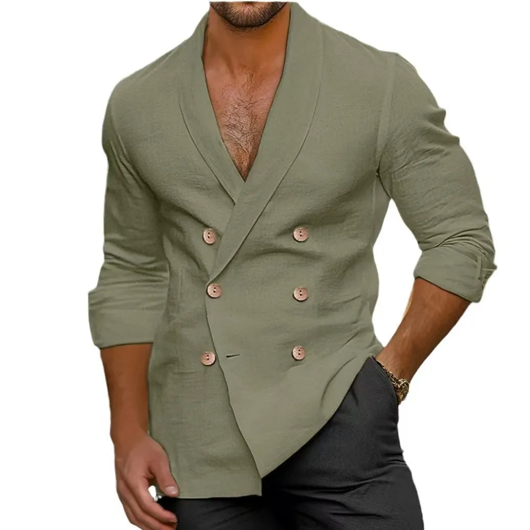 Men's Long Sleeve Linen Blend Double Breasted Shirt
