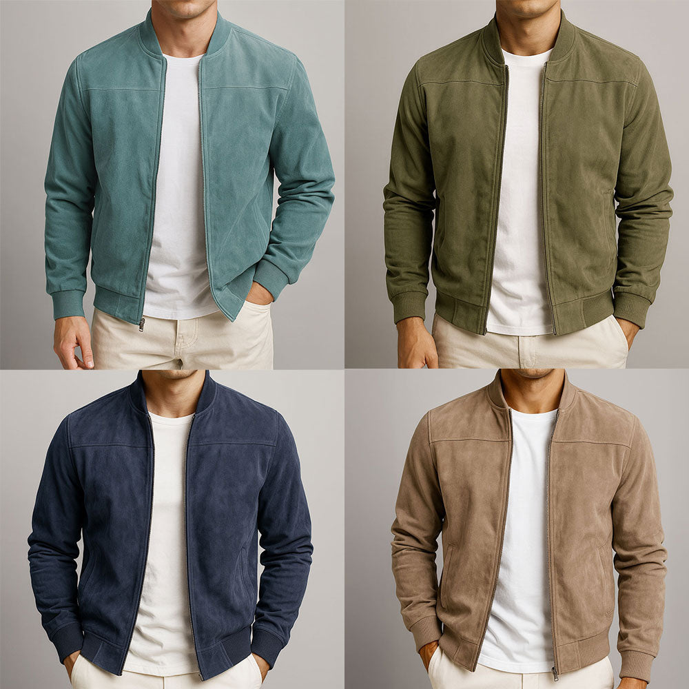 Men’s Suede Stand-Collar Full-Zip Bomber Jacket