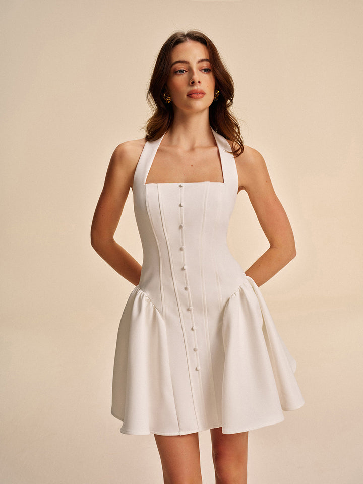 Robe patineuse mini évasée trapèze en lin pour femme, à dos nu et col licou
