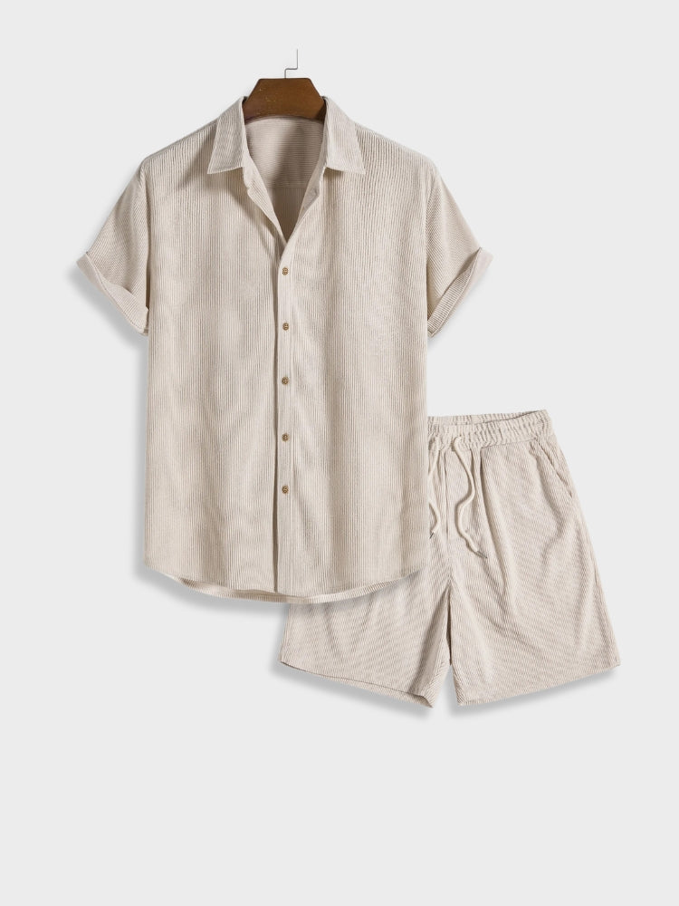 Men's Knit Button Up Shirt and Shorts Two Piece Set