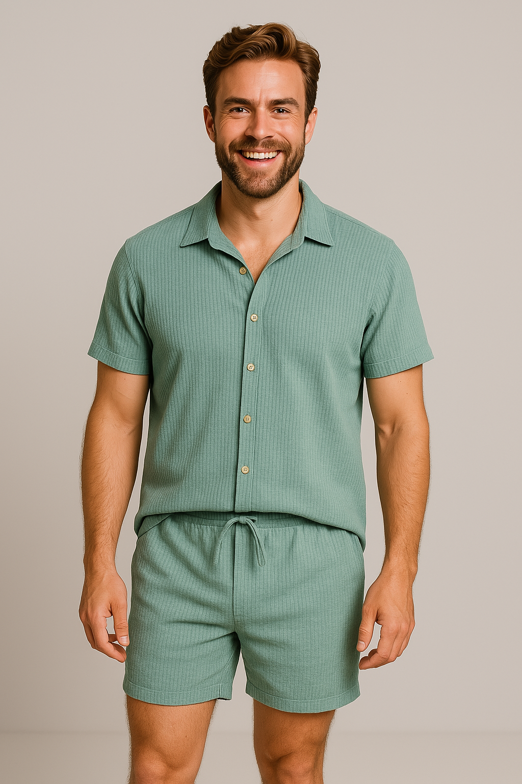 Men's Knit Button Up Shirt and Shorts Two Piece Set