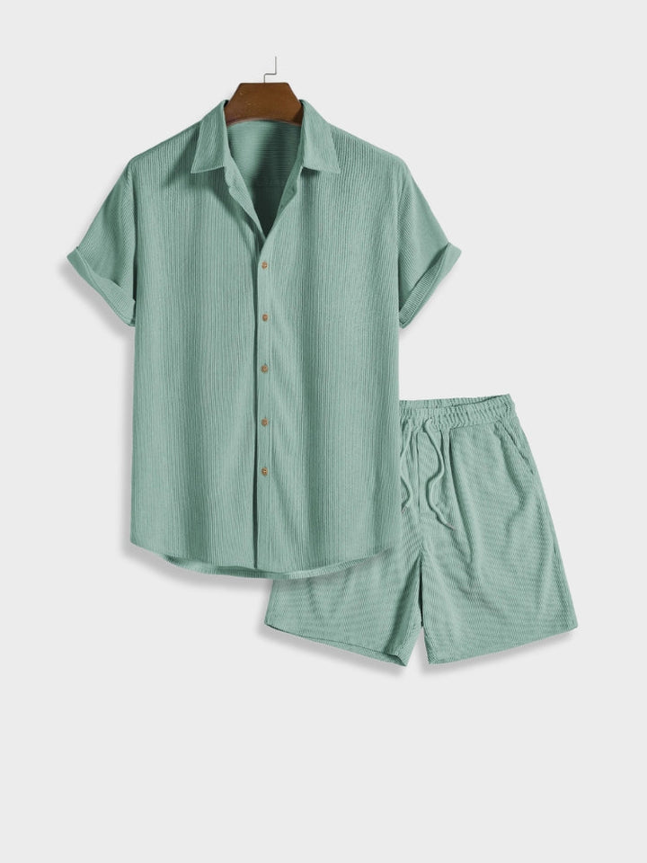 Men's Knit Button Up Shirt and Shorts Two Piece Set