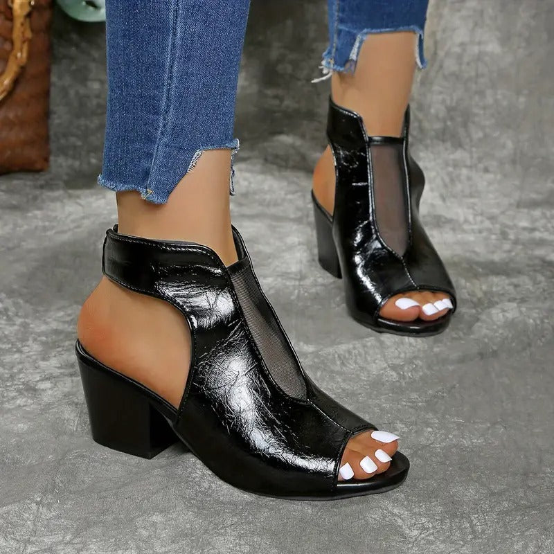 Women's Leather Open Toe Block Heel Mules