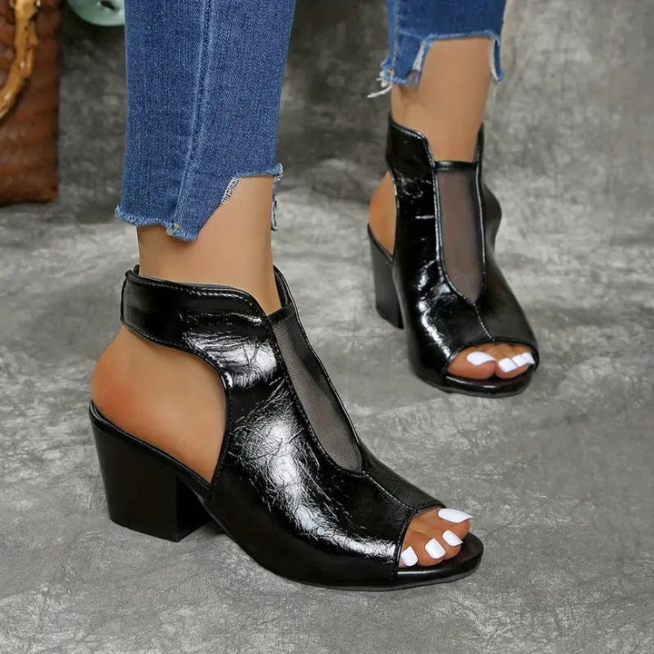 Women's Leather Open Toe Block Heel Mules