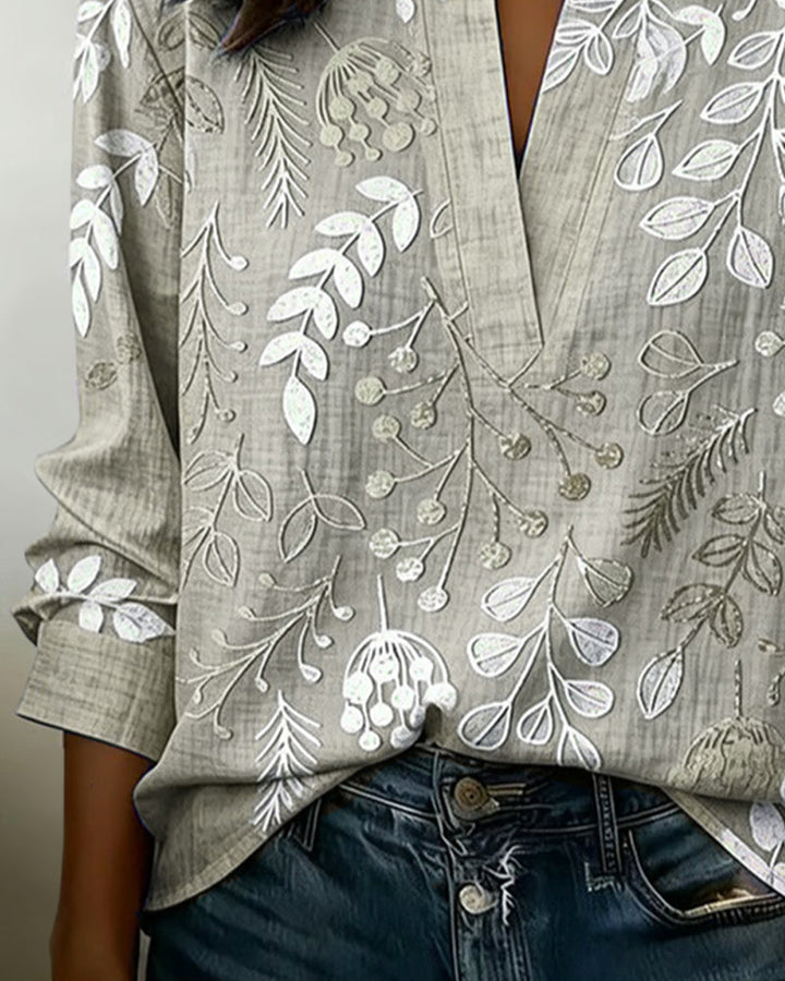 Women's Floral Print Linen V-Neck Long Sleeve Blouse