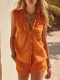 Women's Linen Ruffle Sleeveless Shirt and Shorts Two Piece Set