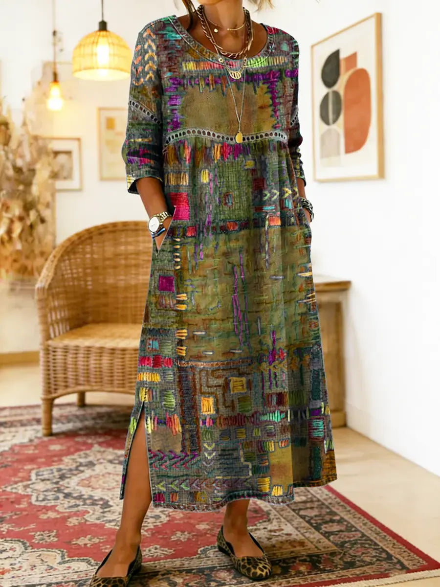 Women's Linen Blend Geometric Print Round Neck Long-Sleeve Midi Dress