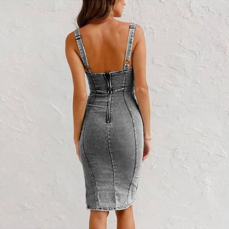 Women Denim Midi Dress Side Slit Bodycon Sundress