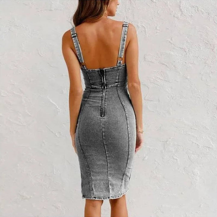 Women Denim Midi Dress Side Slit Bodycon Sundress