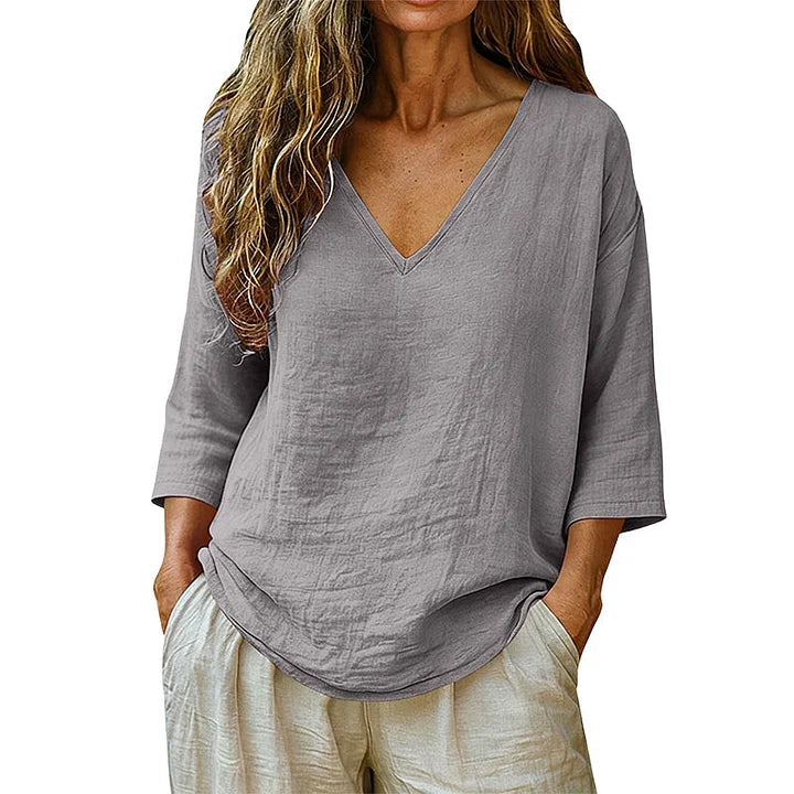 Women's V-Neck Linen Blouse Long Sleeve Top