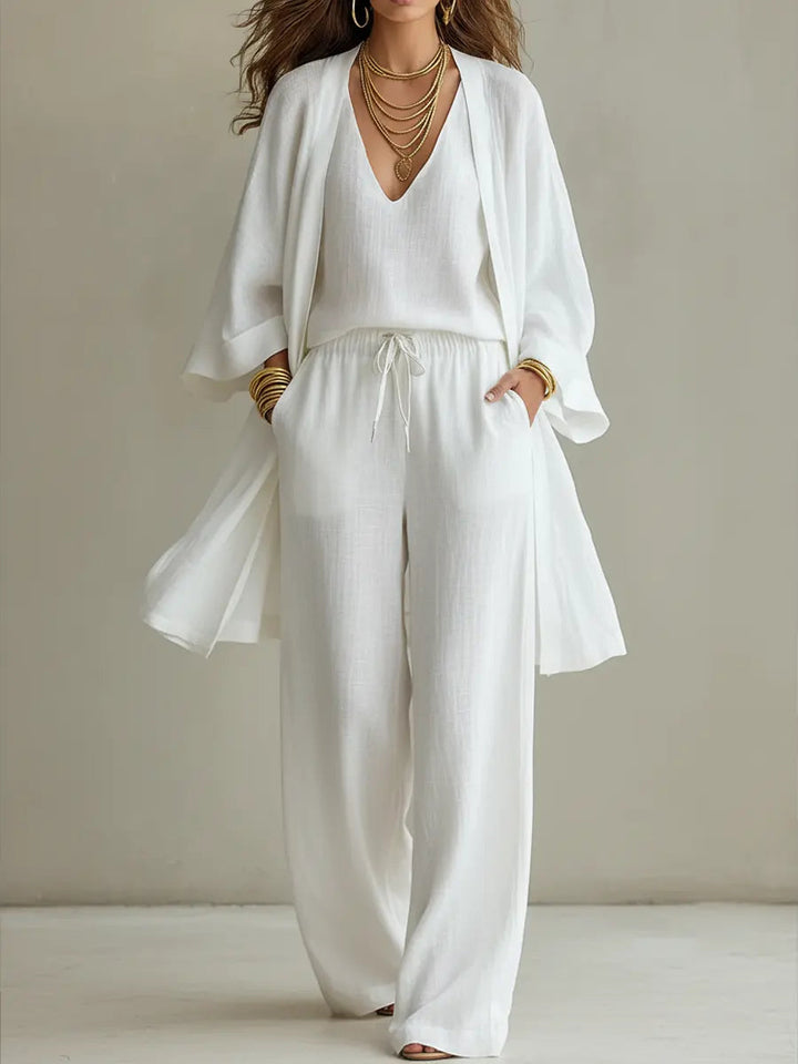 Women's Linen Loungewear Set 3-Piece Co-ord Wide Leg Trousers