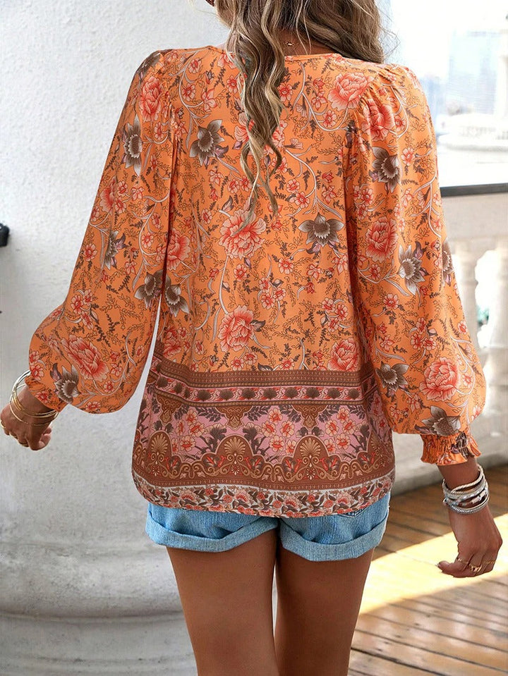 Women's Boho Floral Chiffon Long Sleeve Peasant Blouse Top