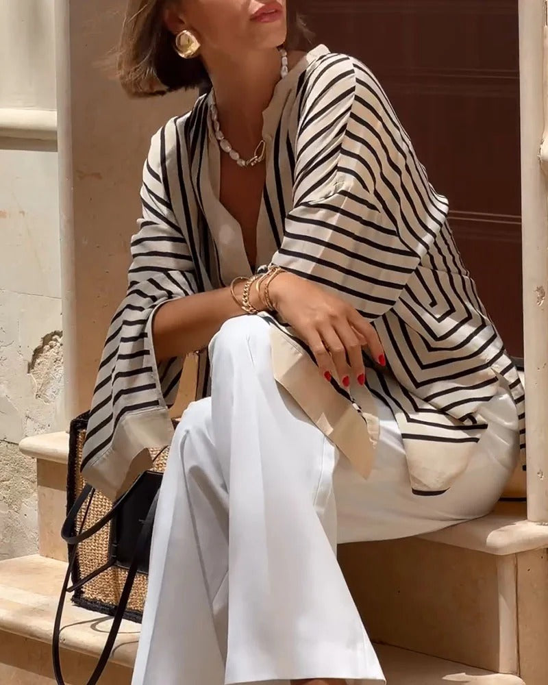 Women’s Linen-Blend Striped Button-Up Blouse