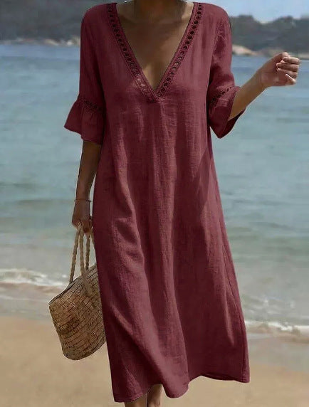 Women's Linen V Neck Beach Cover Up Kaftan Maxi Dress