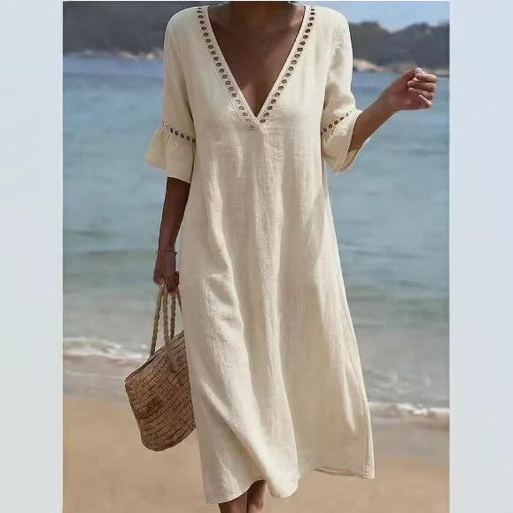 Women's Linen V Neck Beach Cover Up Kaftan Maxi Dress