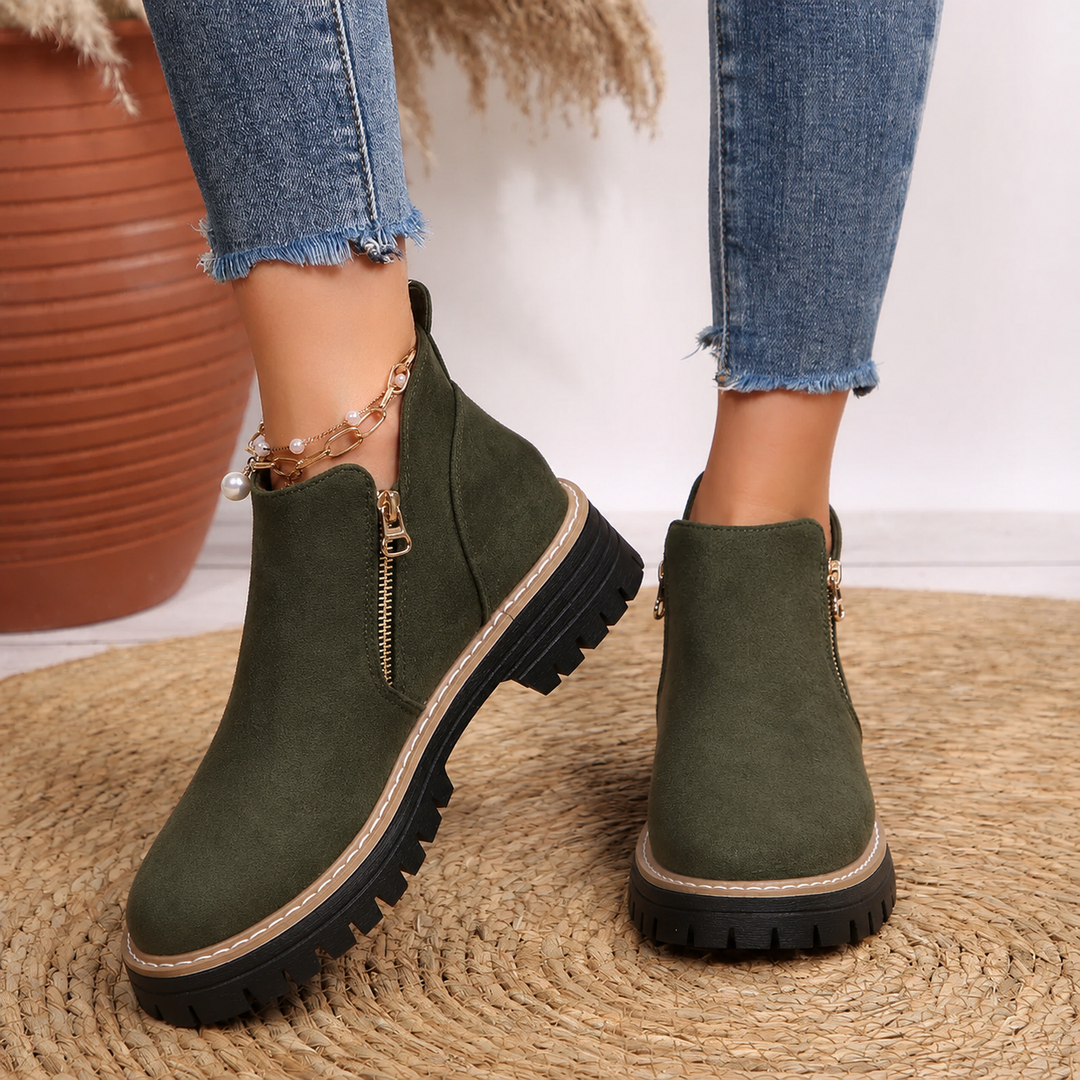Women's Leather Ankle Boots Zipper Lug Sole Chunky Booties
