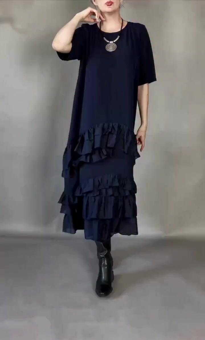 Women’s Linen Round-Neck Tiered Short-Sleeve Maxi Dress