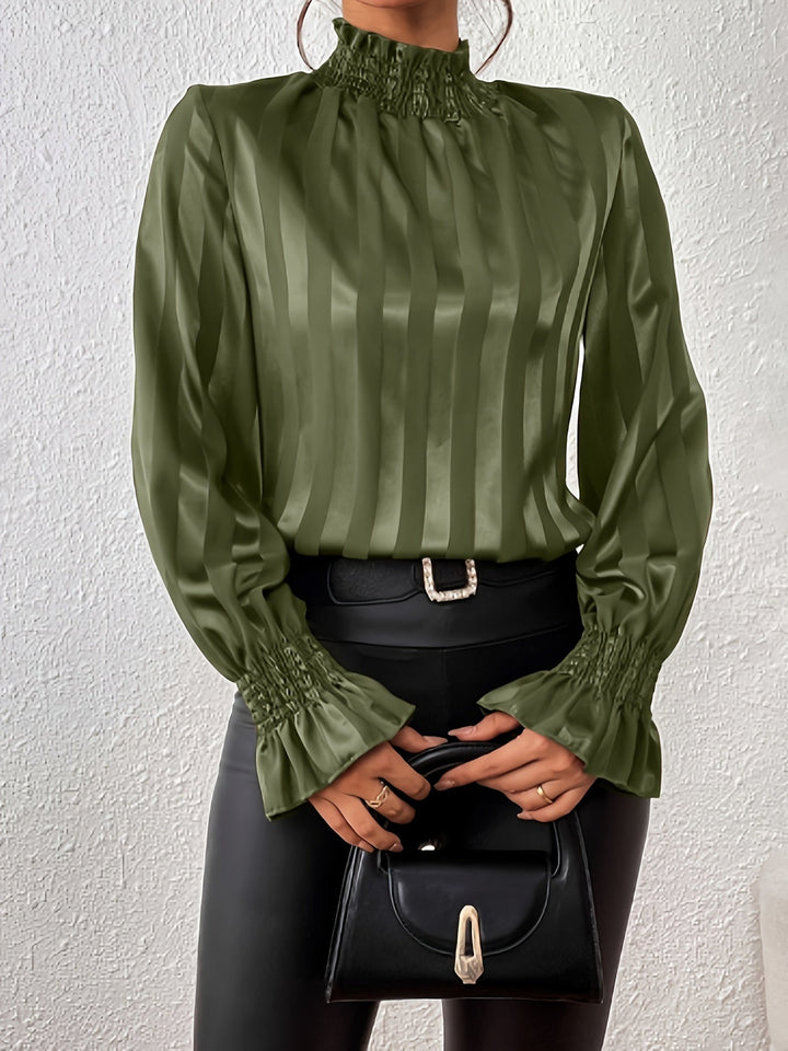 Women's Silk Blouse High Neck Long Sleeve Striped Satin Top