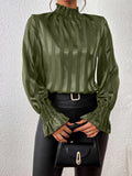 Women's Silk Blouse High Neck Long Sleeve Striped Satin Top