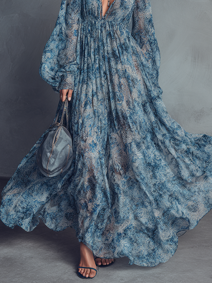 Women's Chiffon Boho Floral V-Neck Long Sleeve Maxi Dress