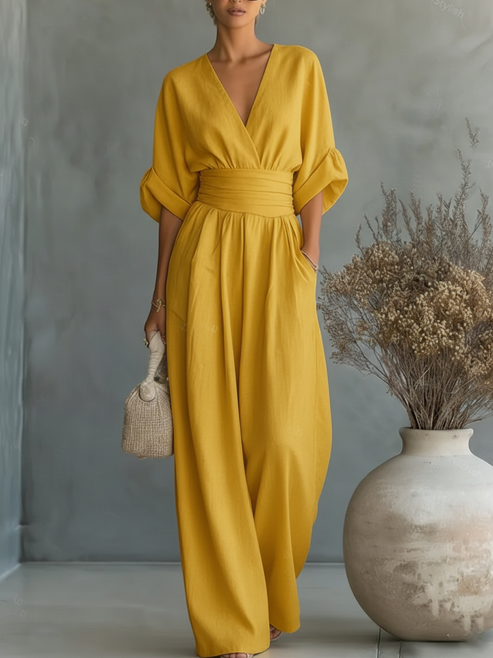 Women’s Linen Blend V-Neck Wide-Leg Jumpsuit