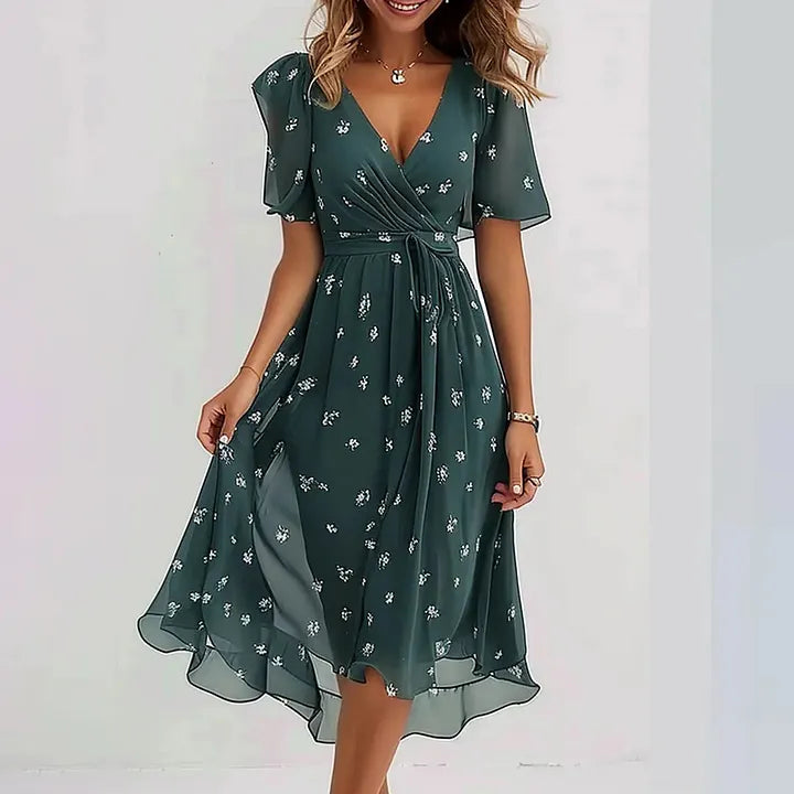 Women’s Linen Blend Floral V-Neck Short-Sleeve Midi Dress