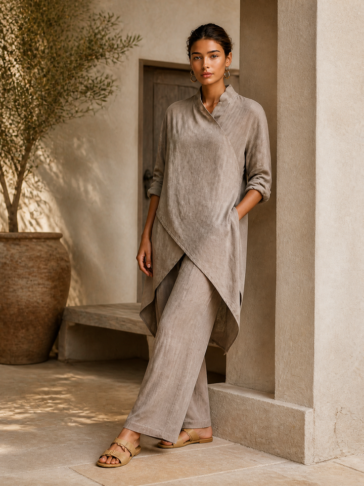 Women's Linen Asymmetrical Tunic Top and Wide Leg Pants Set