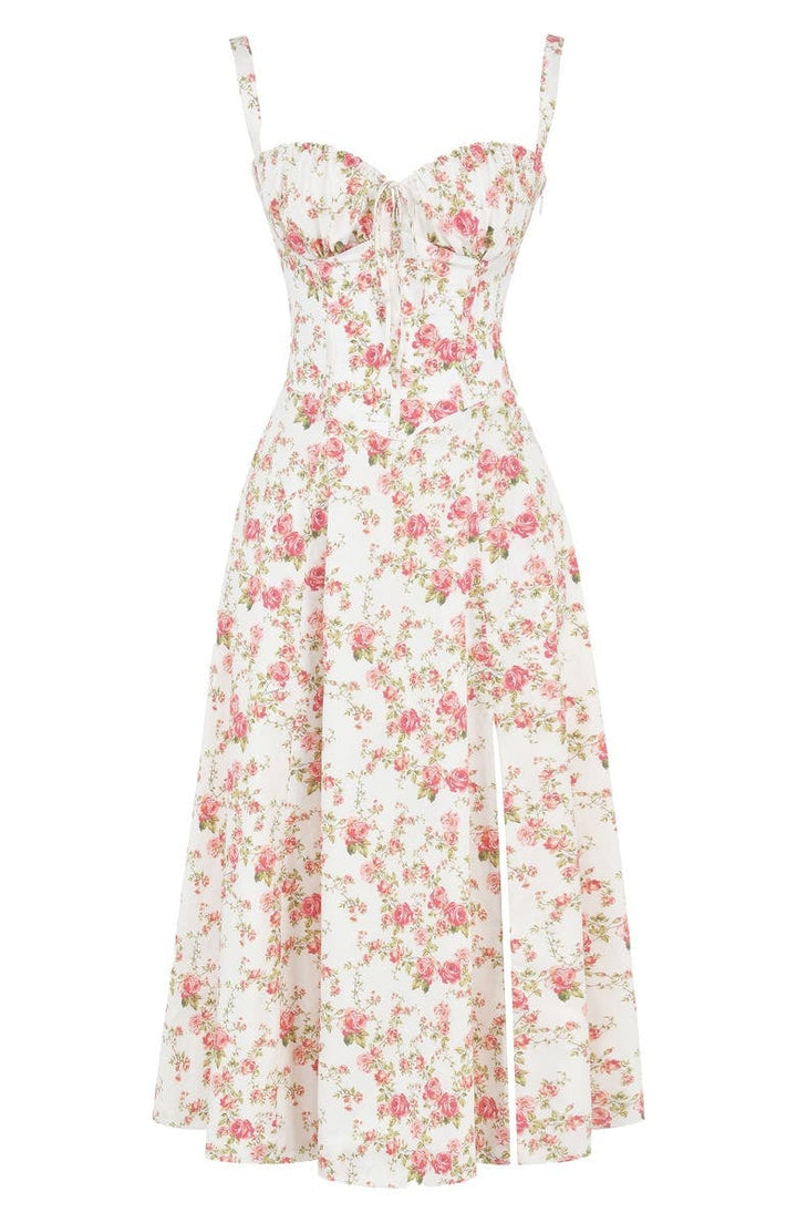 Women's Floral Linen Midi Dress Cocktail Party Dress