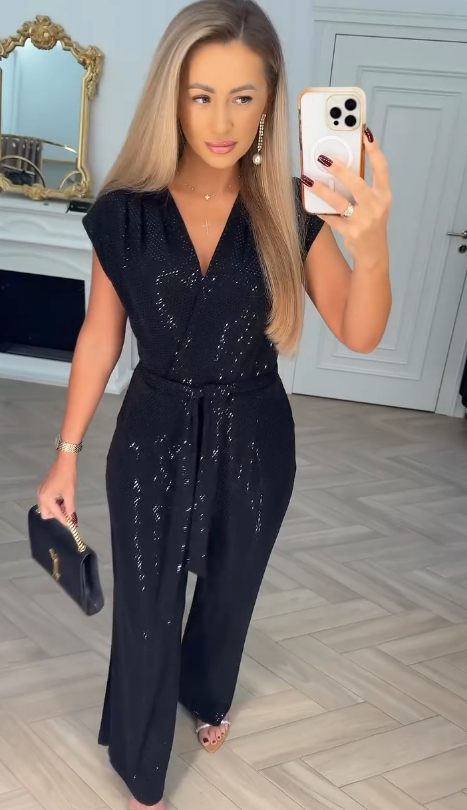 Women's V-Neck Satin Tie Jumpsuit