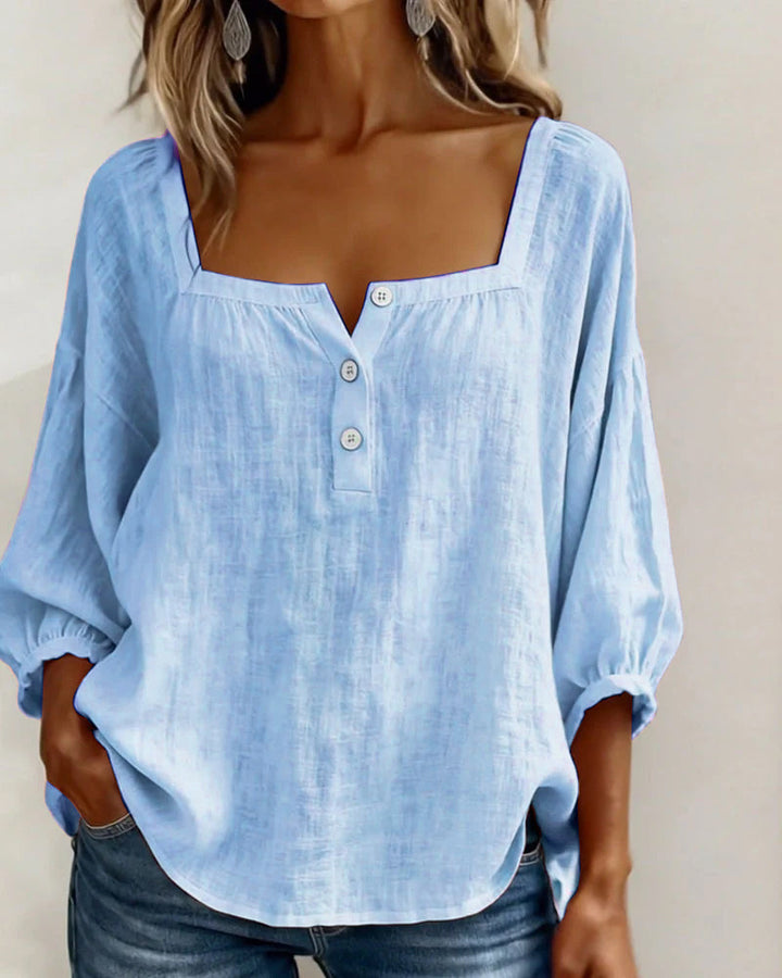 Women's Linen Blouse Square Neck Long Sleeve Casual Top Shirt