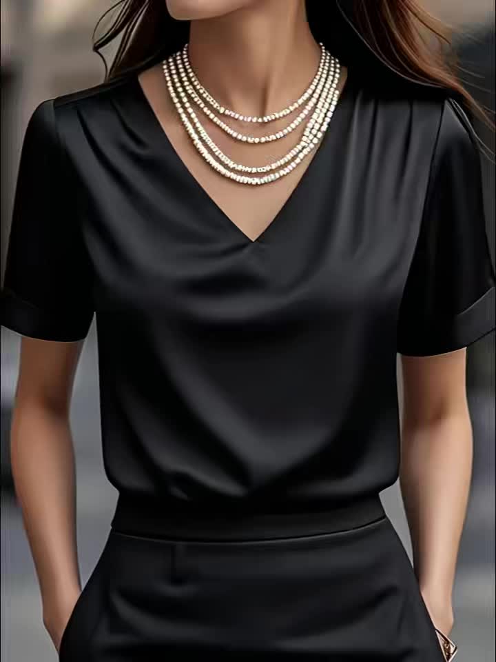 Women's Satin Blouse V Neck Short Sleeve Top Elegant Shirt