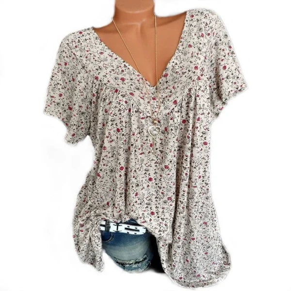 Women’s Linen Printed V-Neck Short-Sleeve Blouse