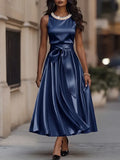Women’s Satin Pearl-Neck Sleeveless Tie-Waist Midi Dress