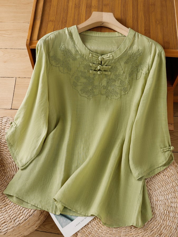 Women's Linen Embroidered Casual Three Quarter Sleeve Top