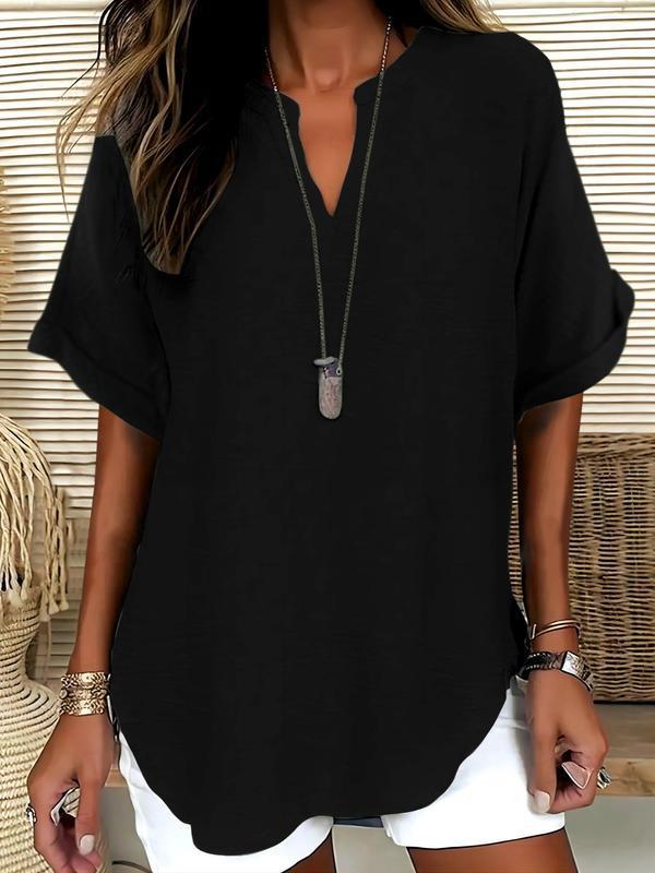 Women Linen Blouse V Neck Short Sleeve Casual Tunic Top