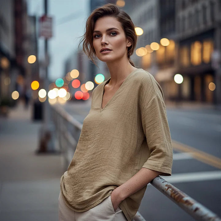 Women's V-Neck Linen Blouse Long Sleeve Top