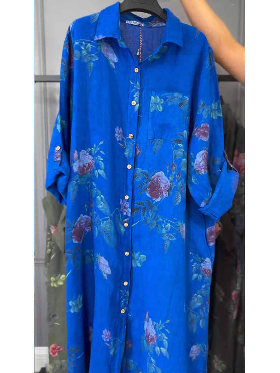 Women's Linen Floral Print Long Sleeve Midi Tunic Shirt Dress