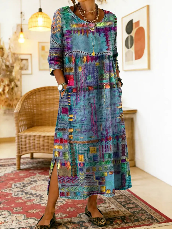 Women's Linen Blend Geometric Print Round Neck Long-Sleeve Midi Dress