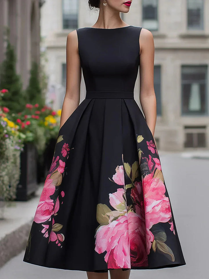 Women's Satin Floral Fit-and-Flare Midi Dress