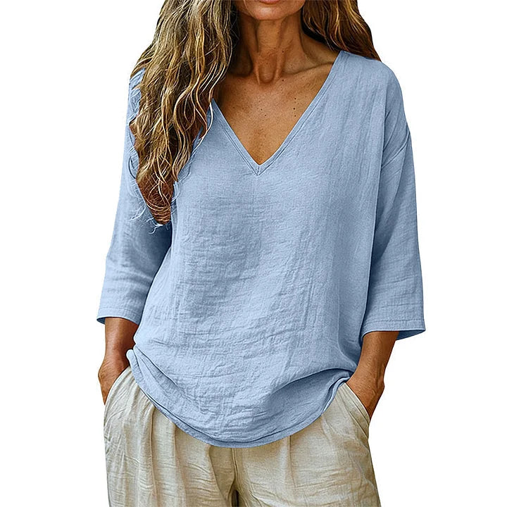 Women's V-Neck Linen Blouse Long Sleeve Top